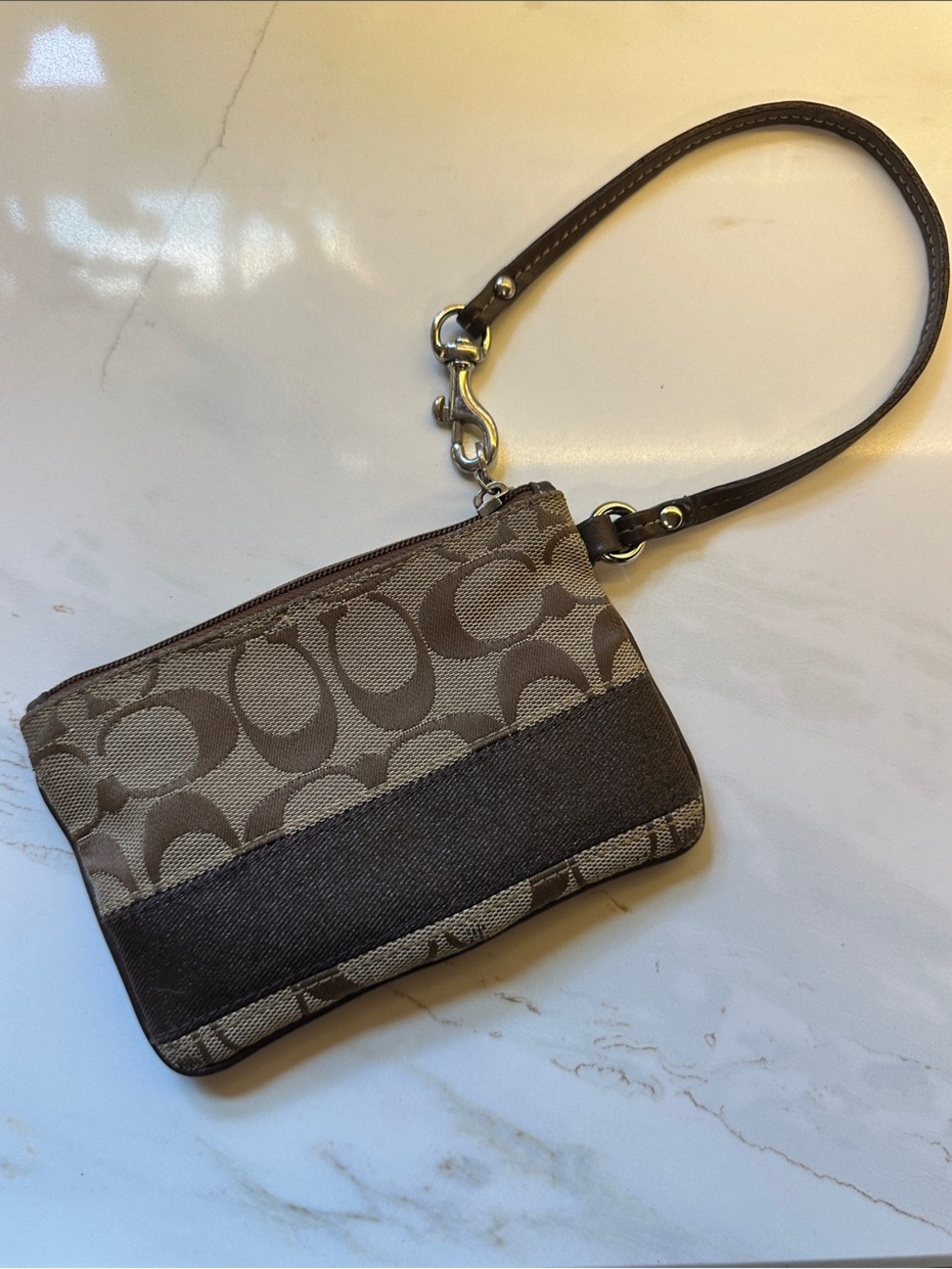 Coach Brown Signature monogram Canvas Wristlet with leather strap Y2K